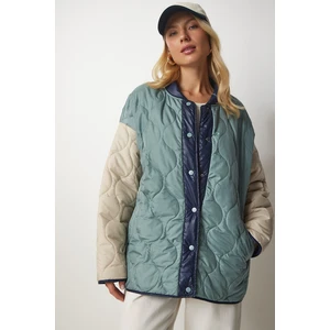 Happiness İstanbul Women's Water Green Cream Block-Colored Oversize Quilted Coat