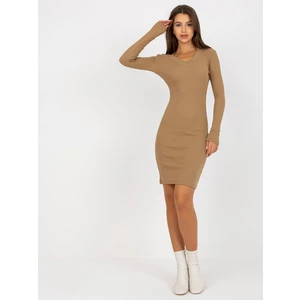 Basic camel striped dress with triangular neckline