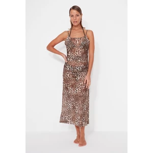 Trendyol Animal Print Fitted Maxi Weave Pleated Beach Dress