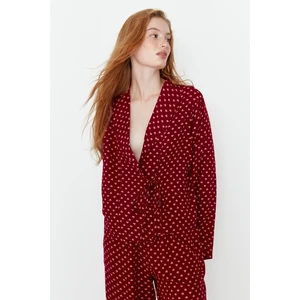 Trendyol Burgundy Heart Patterned Tie Detailed Shirt-Pants Woven Pajamas Set