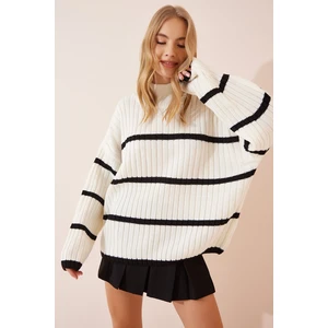 Happiness İstanbul Women's Ecru Turtleneck Striped Oversized Knitwear Sweater