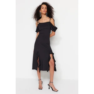 Trendyol Black Knitted Ruffles Evening Dress