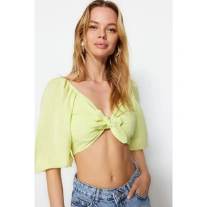 Trendyol Oil Green Crop Tie Tie 100% Cotton Blouse