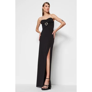 Trendyol Black Lined Knitted Accessories Long Evening Dress