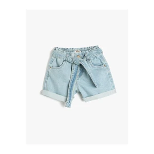 Koton Girl's Denim Shorts With Sash Detailed, Pocket Cotton, Elastic Waist.