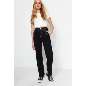 Trendyol Black High Waist Wide Leg Jeans with Accessory Detail