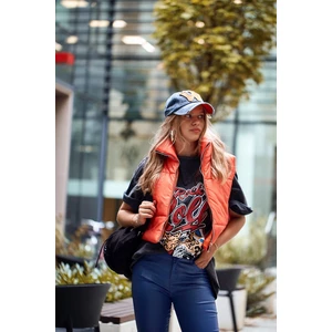 Short quilted vest with stand-up collar, neon orange