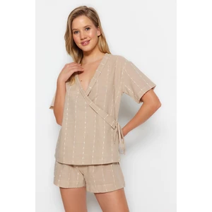 Trendyol Beige Striped 100% Cotton Wide Fit T-shirt-Shorts, Woven Pajamas Set