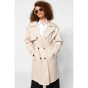 Trendyol Curve Beige Waist Belted Gabardine Trench Coat