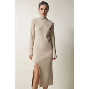 Happiness İstanbul Women's Beige Turtleneck Slit Knitwear Dress