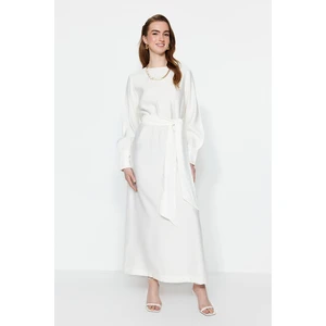 Trendyol White Wide Belted Zipper Cuffed Unlined Linen Look Dress