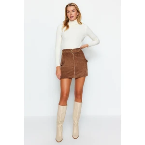 Trendyol Brown Belted Zipper Pocket Detail Velvet Mini Woven Skirt