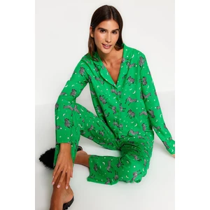 Trendyol Green Zebra Patterned Viscose Shirt-Pants Woven Pajama Set