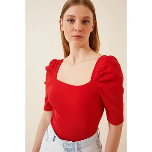 Happiness İstanbul Women's Red Square Neck Ribbed Crop Blouse