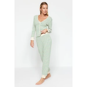 Trendyol Green Striped Cotton Cuff and Piping Detailed Tshirt- Jogger Knitted Pajamas Set