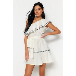 Trendyol Ecru Belted Mini Weave Stripe Accessoried One-Shoulder 100% Cotton Beach Dress