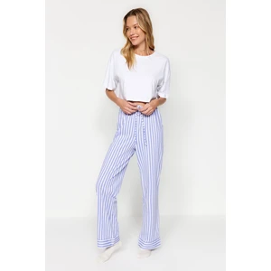 Trendyol White Blue 100% Cotton Striped Knitted Pajamas Bottoms