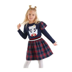 Denokids Winged Cat Girl's Navy Blue Plaid Dress