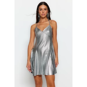 Trendyol Gray Evening Dress with Open Waist / Skater Knitted Shimmering