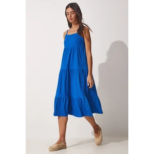 Happiness İstanbul Women's Blue Halter Pleats Summer Knitted Dress