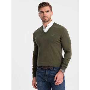 Ombre Men's sweater with v-neck with shirt collar - dark olive