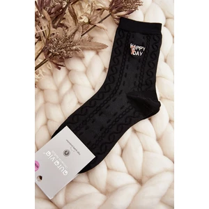 Women's patterned socks with an inscription and a teddy bear, black