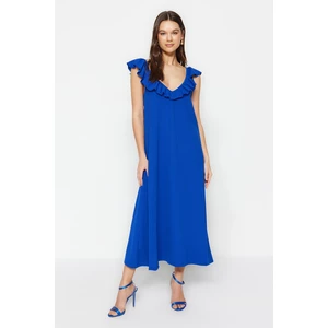 Trendyol Sax Ruffle Detailed, Crew Neck Midi Knitted Dress