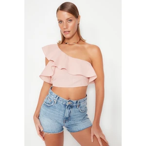 Trendyol Beige Crop Ruffled One-Shoulder 100% Cotton Blouse