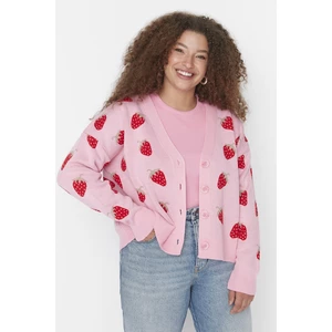 Trendyol Curve Pink Strawberry Pattern V-Neck Knitwear Cardigan
