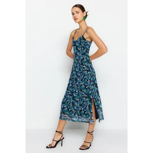 Trendyol Blue Floral Pattern With a Slit Detail Lined Tulle Straps Open-Air Midi Dress