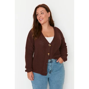 Trendyol Curve Brown V-Neck Buttons Knitwear Cardigan