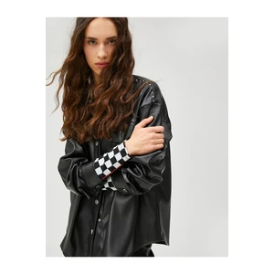 Koton Leather Jacket Oversized, Pockets, Staples Detailed Shirt Collar