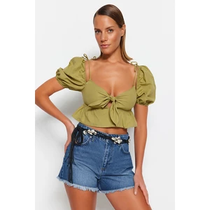 Trendyol Khaki Crop Knitted Ruffle Blouse