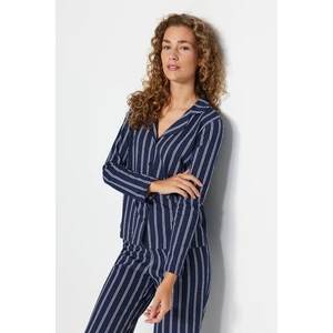 Trendyol Indigo 100% Cotton Striped Shirt-Pants Knitted Pajamas Set