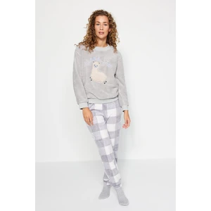 Trendyol Gray Wellsoft Lama Pattern T-shirt-Pants and Knitted Pajamas Set