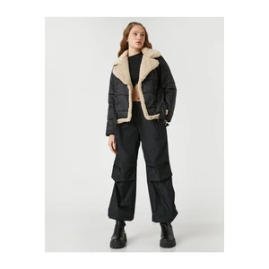 Koton Biker Jacket Puffy Faux Shearling Collar Pocket Detailed with Buckle.