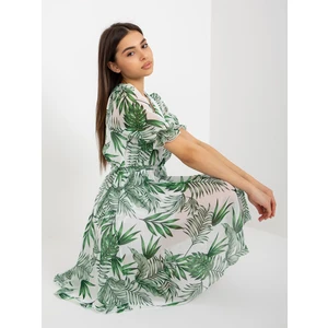 White and green dress with floral print and tie