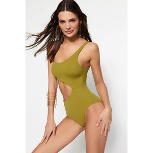 Trendyol Green One-Shoulder Cut Out/Windowed Regular Leg Swimsuit