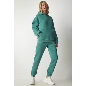 Happiness İstanbul Women's Dark Teak Green Hooded Raspberry Tracksuit Set