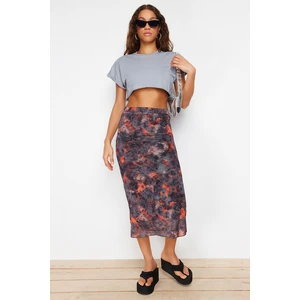 Trendyol Anthracite High Waist Printed Midi Stretchy Lined Tulle Knitted Skirt