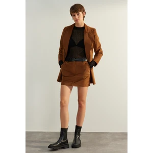 Trendyol Dark Brown Premium High Quality Velvet Fabric Belt Detail Mini Woven Skirt