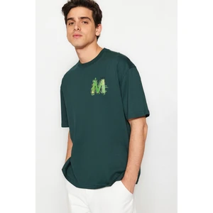 Trendyol Emerald Green Oversize/Wide Cut Short Sleeve Text Printed 100% Cotton T-Shirt