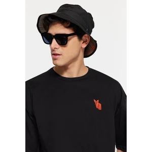 Trendyol Black Oversize Crew Neck Short Sleeve Fox Embroidered 100% Cotton T-Shirt