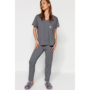 Trendyol Gray Black 100% Cotton Pocket Printed Wide Fit Tshirt-Pants Knitted Pajama Set