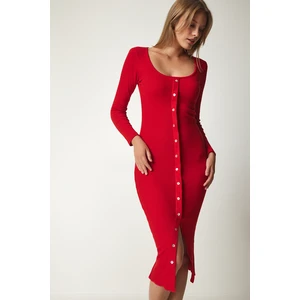 Happiness İstanbul Women's Red Button Detailed Ribbed Saran Knitted Dress