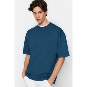 Trendyol Petrol Oversize/Wide Cut Short Sleeve Contrast Piece Detail Cotton T-Shirt