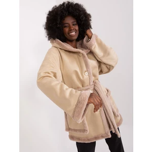 Beige short winter coat with a hood