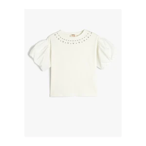 Koton Balloon Sleeve T-Shirt Crew Neck Embroidered Detailed Cotton.