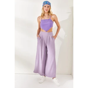 Olalook Women's Lilac Zippered Side Pockets, Pleat Detailed Flowy Trousers