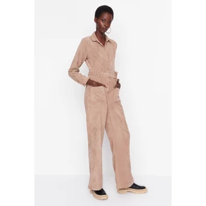 Trendyol Mink Belted Velvet Jumpsuit